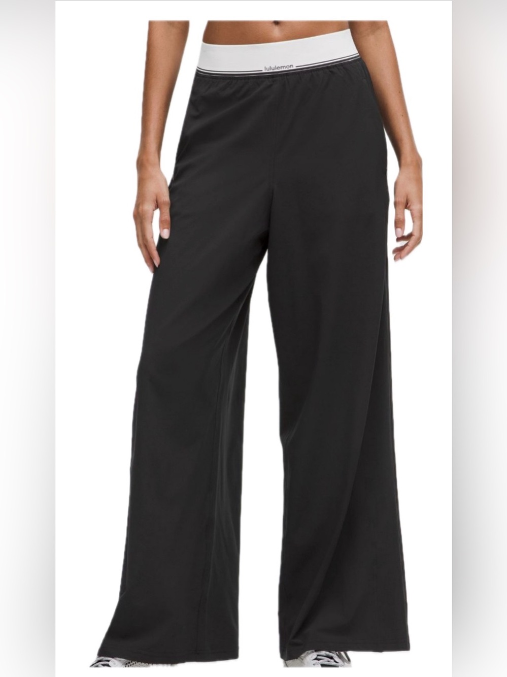 lululemon athletica Black Wide-Leg Pull-On Pants with White Waistband